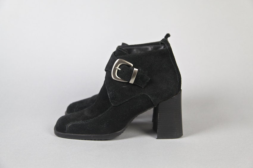 vintage shoes, 1990's black suede monk strap chunk high heeled boots, size 7, 37.5