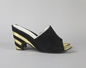 vintage shoes, 1960's black suede and gold cocktail wedged heel cocktail shoe, size 7.5, 38