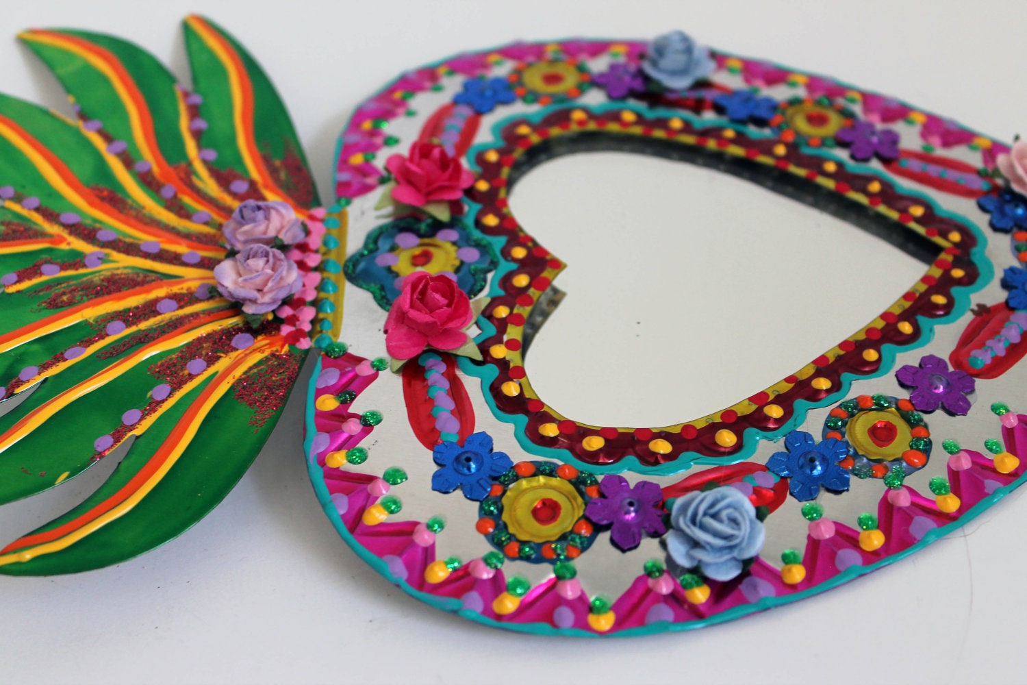 Sacred Heart tin metal mirror / Mexican folk art / bright colorful mixed media / rainbow silver / wedding gift