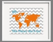 Dr. Seuss Quote Orange Gray Aqua Modern Art Print Typography Poster Nursery Art Print, Kids Wall Art, Playroom wall art-11x14 Oh, The Places