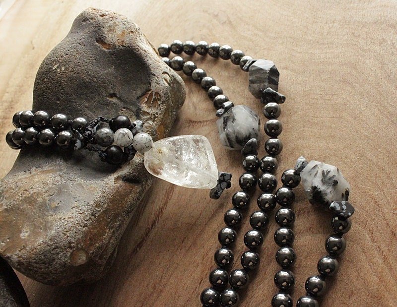 Yoga Beads with Hematite, Tourmalinated Quartz, Snowflake Obsidian - Tibetan style 108 bead meditation mala