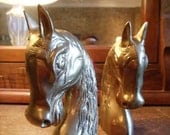 REDUCED Set of Two Brass Horsehead Bookends 1970's Patina  Pony