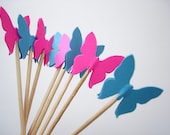 24 Hot Pink Blue Royal Butterfly Party Picks, Cupcake Toppers, Food Picks, Toothpicks, Drink Picks - No824