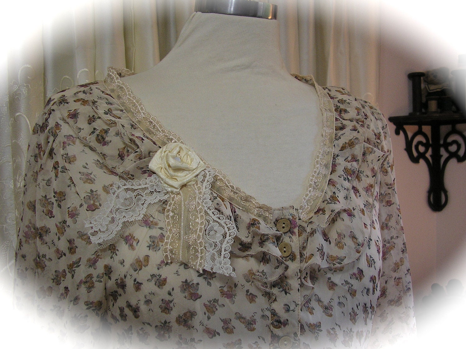 Altered Chiffon Blouse, ruffles lace, boho altered couture upcycled clothing, long sleeves button up, LARGE