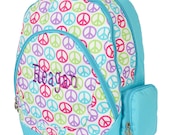 MONOGRAMMED School Backpack Bookbag - PEACE SIGN - Colorful - Bright - Girls