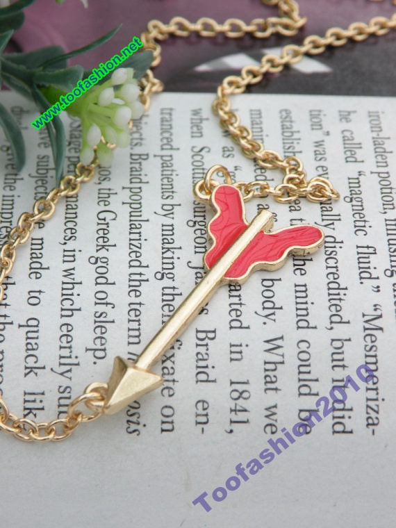 SALE - Pretty retro gold Cupid arrow with red feather pendant necklace vintage style