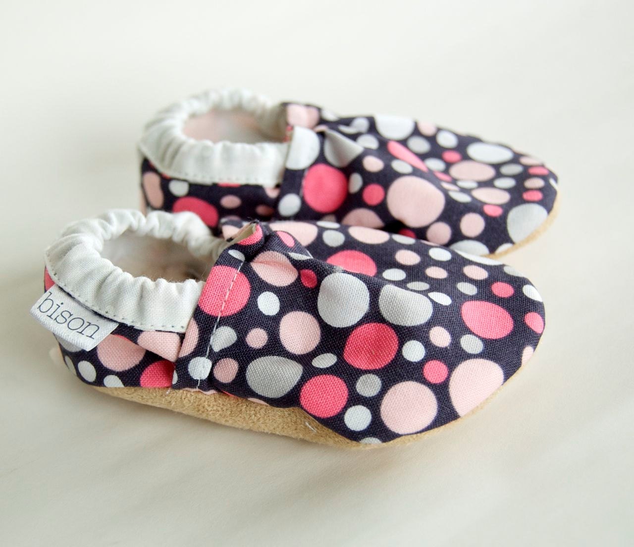 Allison Bison Booties Size 0 to 6 Months Pink Gray Baby polka dot Newborn Ready to Ship
