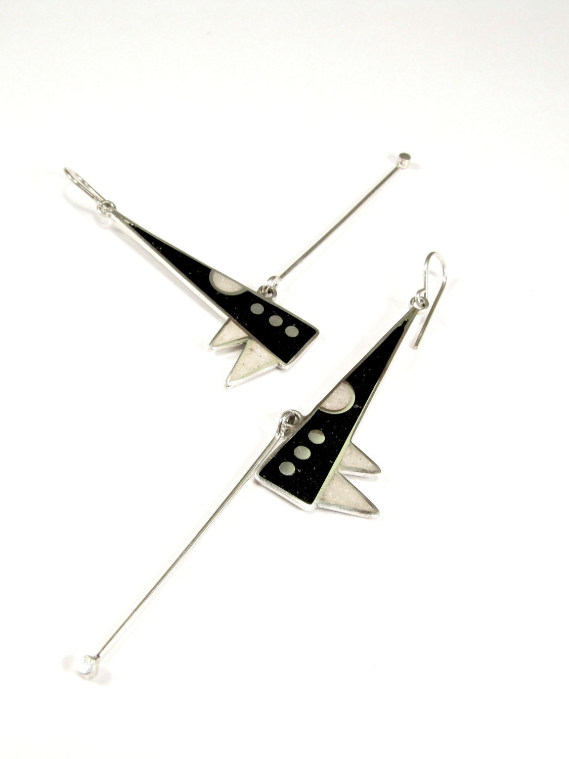 Sterling Silver Earrings - Geometric Design - Black and White - Dangle