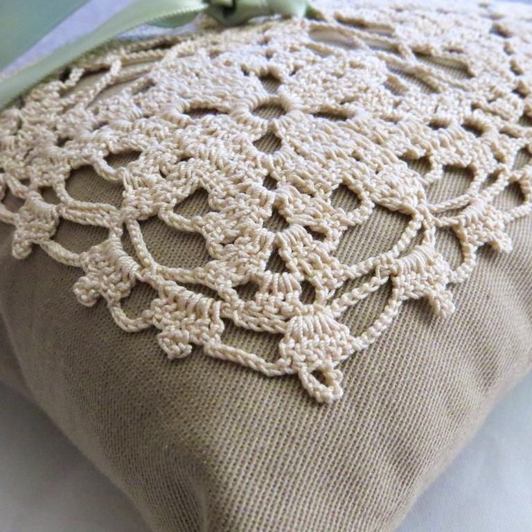Ring Bearer Pillow with Lacy Ivory Crochet Top and Green Ribbon