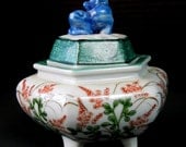 50% SALE Precious Porcelain Hand Painted Viintage HEXAGON INCENSE Burner with Foo Dog lid / 5 3/4 High