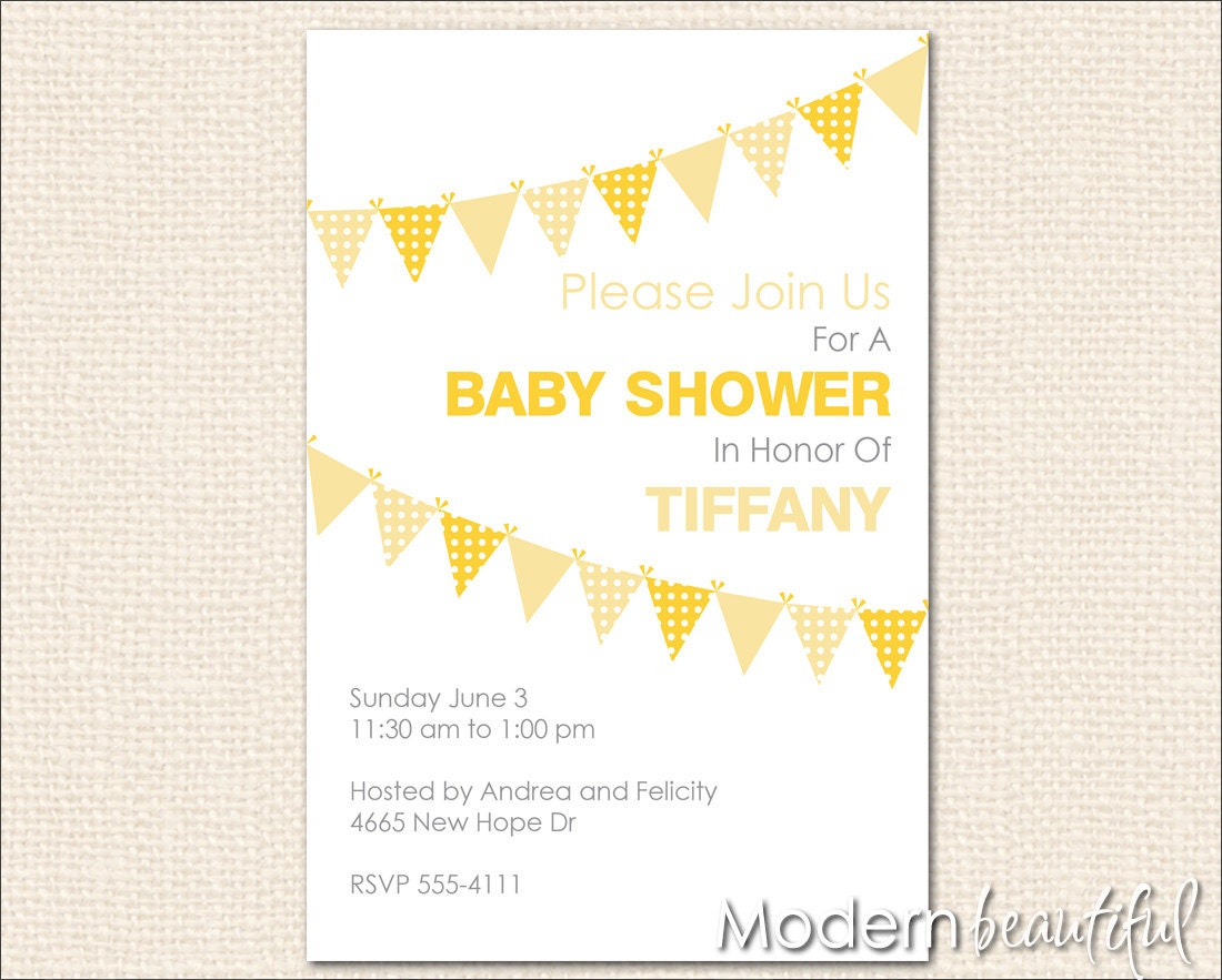 Yellow baby shower invitation, bunting invitation, neutral baby shower invitation, bunting flags, printable, digital file Il_570xn