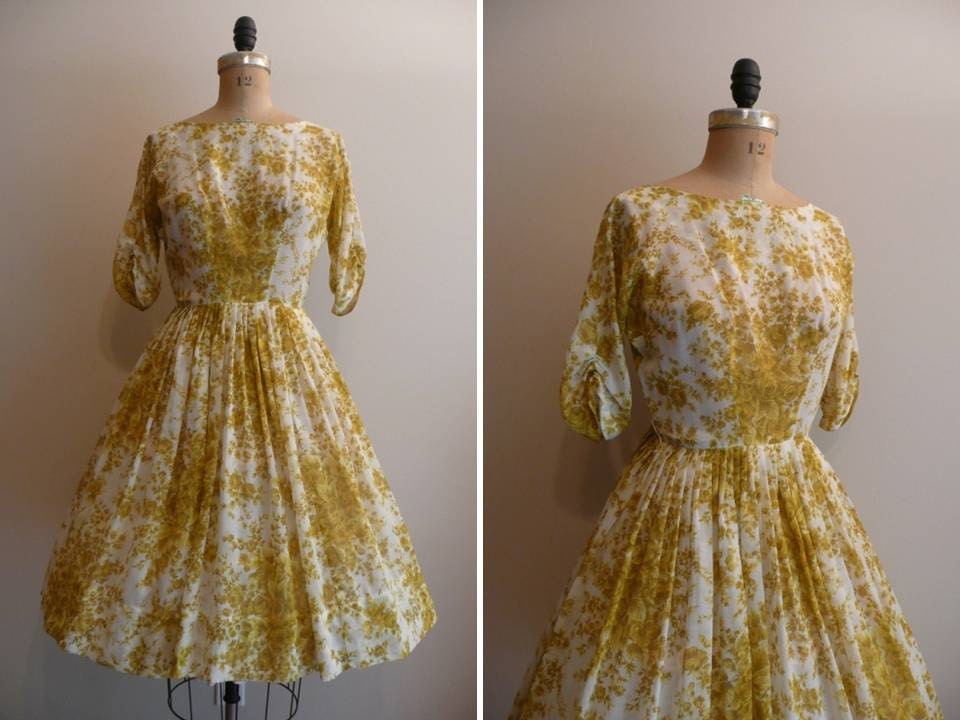 Vintage 1950s Dress Cotton Yellow Floral