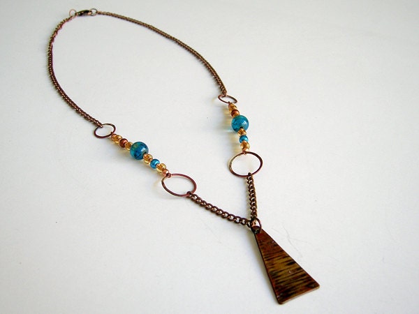 Lined Triangle Copper Pendant with Blue, Copper & Gold Beads