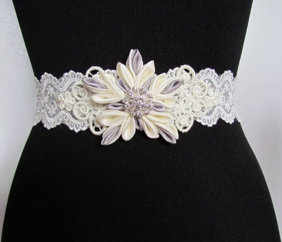 Snowflake Wedding Belt with Kanzashi Snowflake, Sequins and Rhinestone Brooch