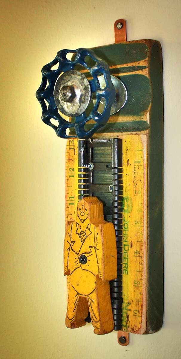 Coat Rack Wall Hanger Garden Faucet Handle Yellow Yardstick Ruler Bill Ding Wooden Figure Repurposed Upcycled Recycled Baseboard No. 17