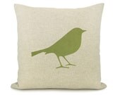 16x16 Bird pillow cover - Shabby chic - Decorative throw pillow - Natural pillow cover with apple green bird print and damask back