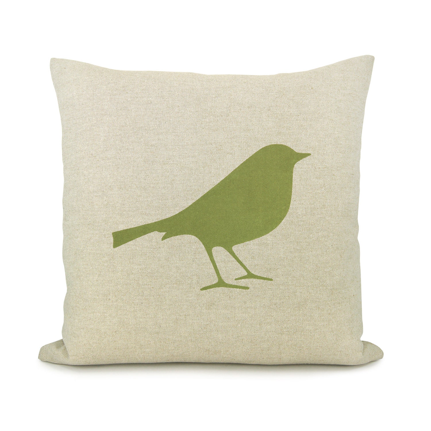 16x16 Bird pillow cover - Shabby chic - Decorative throw pillow - Natural pillow cover with apple green bird print and damask back