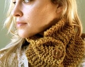 Mustard Cowl, Autumn's Warmth, Organic Cotton Hand knit Cowl, scarflette, mustard yellow with wood carved buttons. OOAK