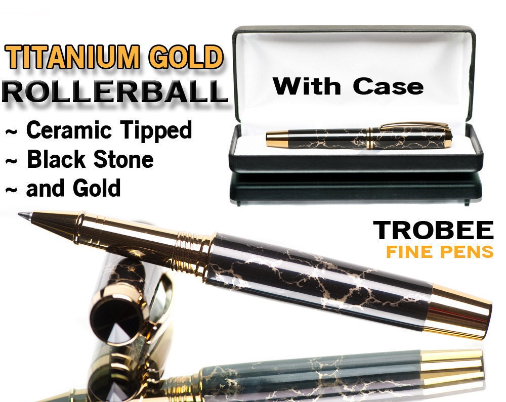 Black Pen with veins of gold, fine rollerball writing pens are what we specialize in, special gift ideas