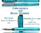 Handcrafted Rollerball Pen Chrysocolla stone (trustone) Cap Screws on front  Black Titanium exterior components