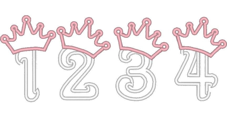 Cute Princess Birthday Crown Numbers , machine embroidery applique design - 4, 5 and 6 inches