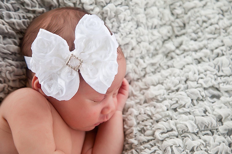 White Baby Bow Headband - Petite Satin and Crystal Diamond Rosette Hairbow - Newborn Headband, Infant Headband, Girls Headband or Clip