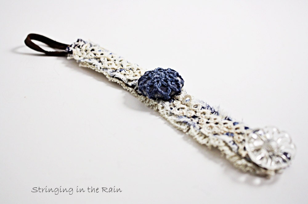 Fabric cuff Bracelet,  Vintage Lace, fabric and crocheted and glass Buttons, with a supple deerskin leather closure No. 50