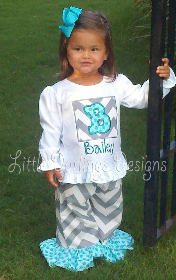 Custom Girls Shirt featuring Gray Chevron with Sea Polka Initial