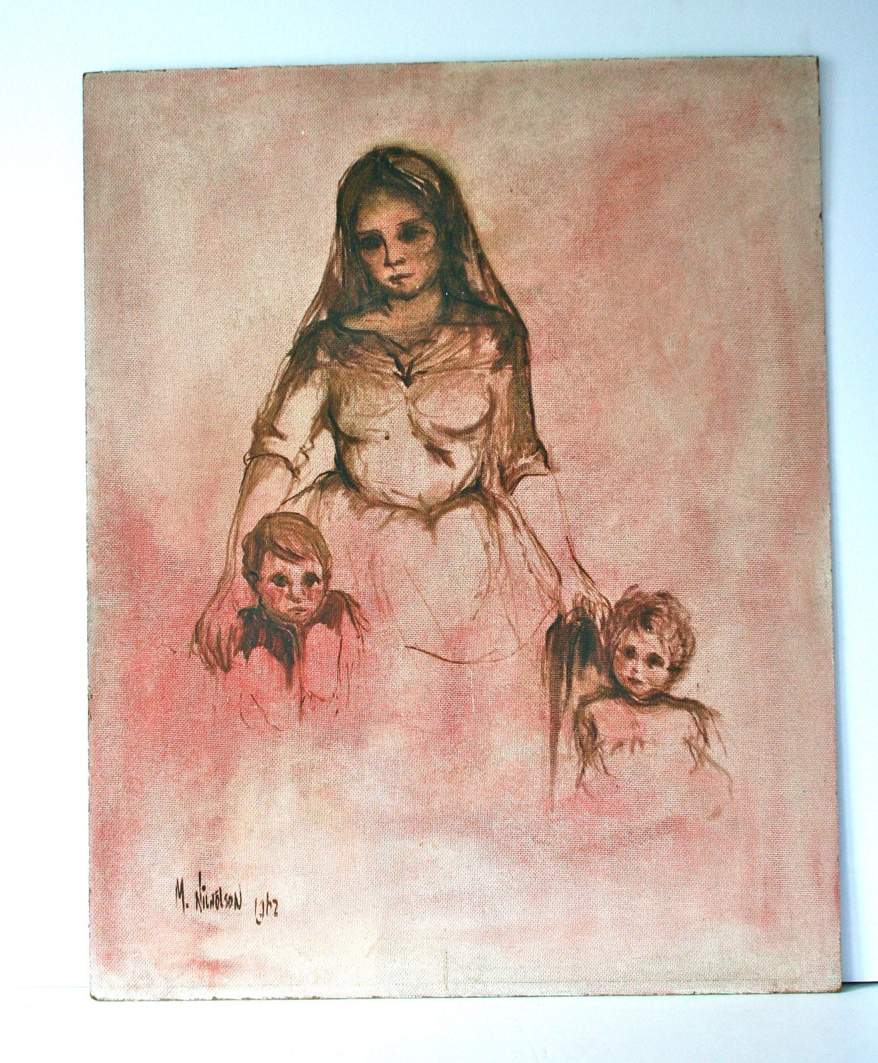 vintage original painting -mother with children