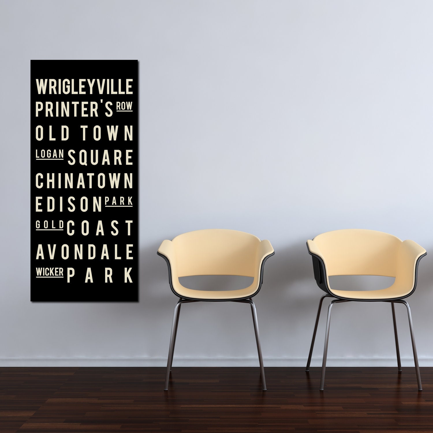 CHICAGO Canvas. Large Wall Art. Black and White Typography Print. Giclee. Modern Home Decor. Travel Print. Size 16x36