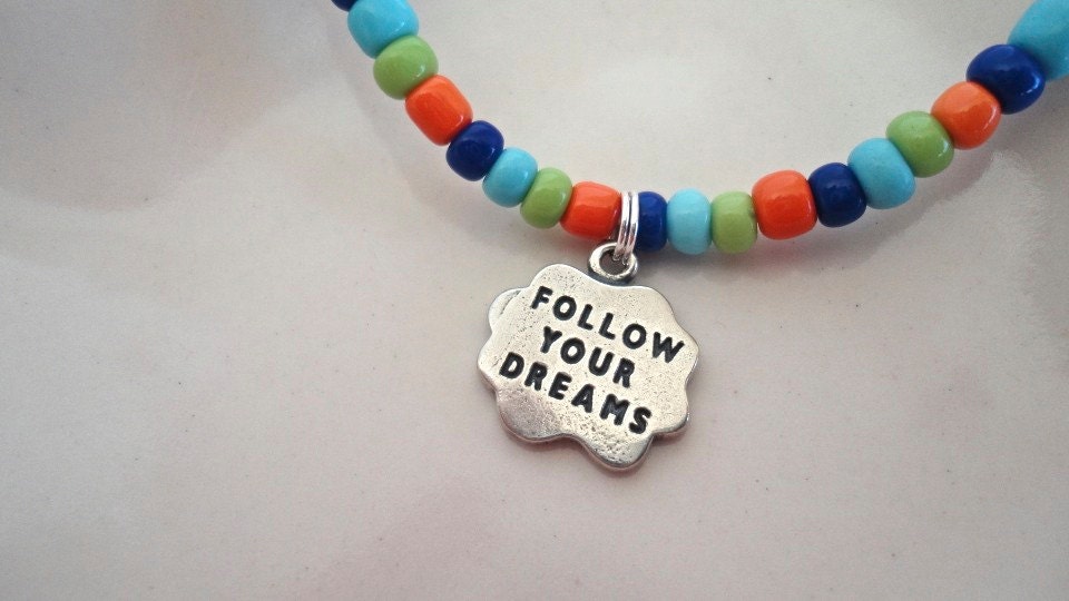 Sterling Silver "Follow Your Dreams" Charm Orange Green Blue And Dark Blue Glass Beads Bracelet