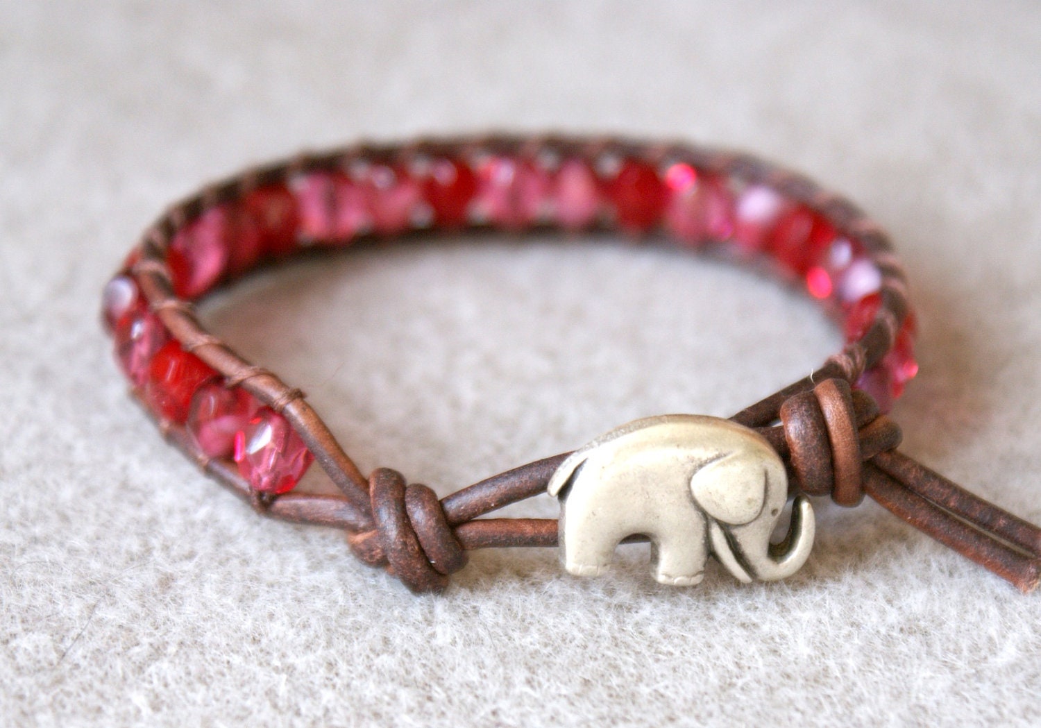 Deep Red Opal boho beaded leather wrap bracelet, 1x Wrap, good luck elephant bracelet, Chan Luu Style, summer