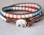Swarovski Pearls Bohemian beaded leather wrap bracelet, 2x Wrap, boho chic, Chan Luu, blue, pink, coral, white, elephant, good luck