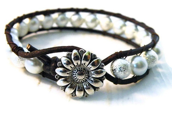 Leather Wrap Bracelet Silver Stardust and Pearls with Floral Button/ Bridesmaid Gift/ Free Shipping/ Sparkle Neutral Elegance