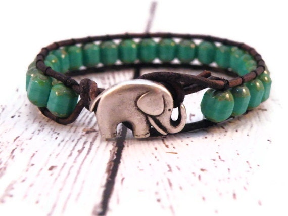 Turquoise Leather Wrap Bracelet with Table Cut Turquoise and Silver Elephant/ Free shipping/ Boho Urban Modern Chic - GloryGift