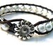 Leather Wrap Bracelet Silver Stardust and Pearls with Floral Button/ Bridesmaid Gift/ Free Shipping/ Sparkle Neutral Elegance