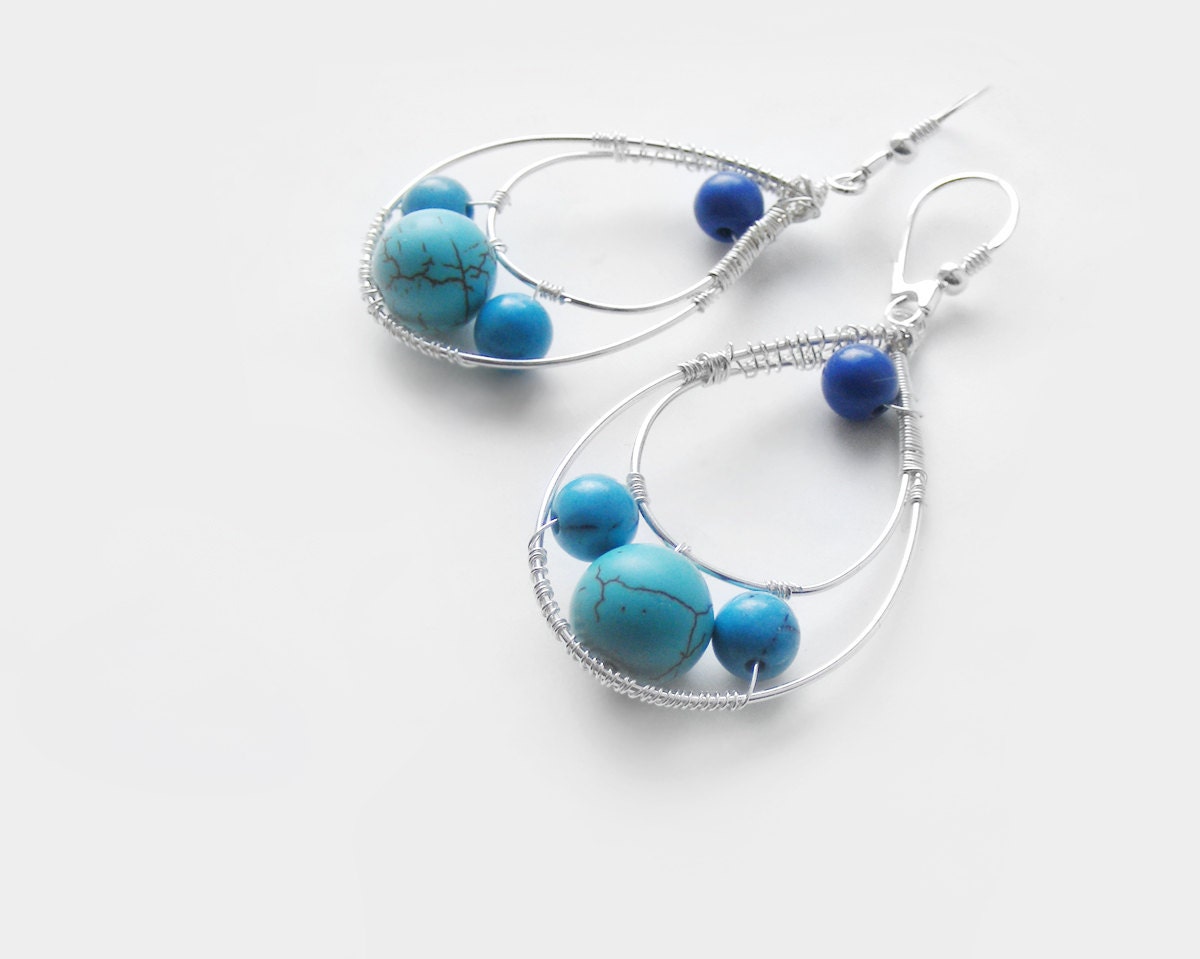 Sterling silver ombre earrings, turquoise wire wrapped earrings, blue silver earrings, fall fashion, blue drop earrings, ombre jewelry