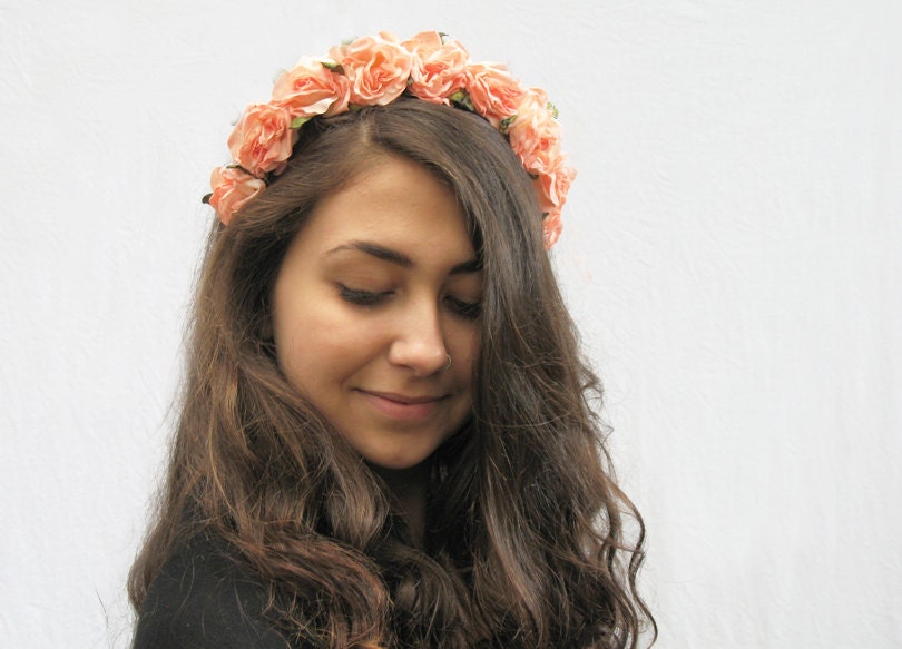 Peach Rose Crown - Bridal Flower Crown, Rose Headband, Weddings, Flower Girl, Vintage Dress, Romantic