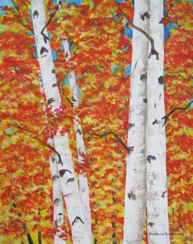 Autumn Birch Trees, Barbara Rosenzweig, Art Print, Etsy, Fall Reproduction of Original Watercolor Painting