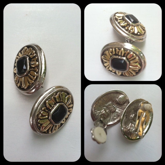 Vtg Signed Cameo Black Silver Gold LR Clip On Earrings