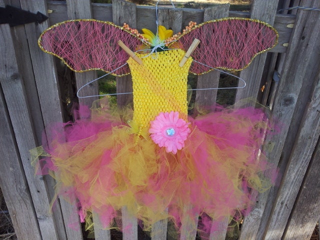Children's Yellow and Pink Fairy Butterfly Tutu Dress Wings Crown Package