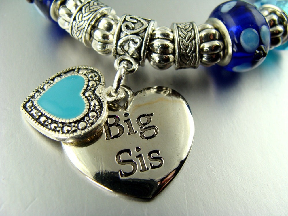 BIG SISTER HEART Blue Stretch European Charm  glass bead Bracelets