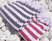 Turkishtowel-Soft Best Quality Pure Organic Cotton,Hand Woven,Bath,Beach,Spa,Yoga,Towel or Sarong-Red and White Stripes