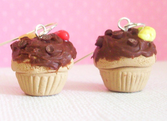 Gummy Worm Polymer Cupcake Earrings with Chocolate Dirt Frosting and Mini Brite Neon Worms