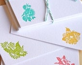 Mothers Day Letterpress spring Japanese paper cut birds notecards with envelopes x4 made in Australia. yellow, turquoise, green, pink