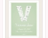 Custom Monogram Retro Floral 8x10 Birth Print - Sage Green Nursery Wall Art for Baby Girl