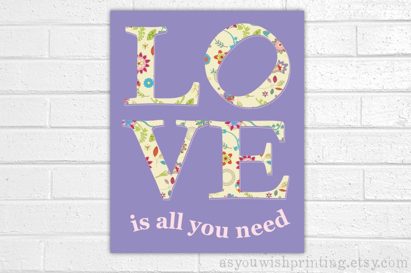 LOVE is all you need 11x14 Poster in Purple - Beatles Song Lyrics