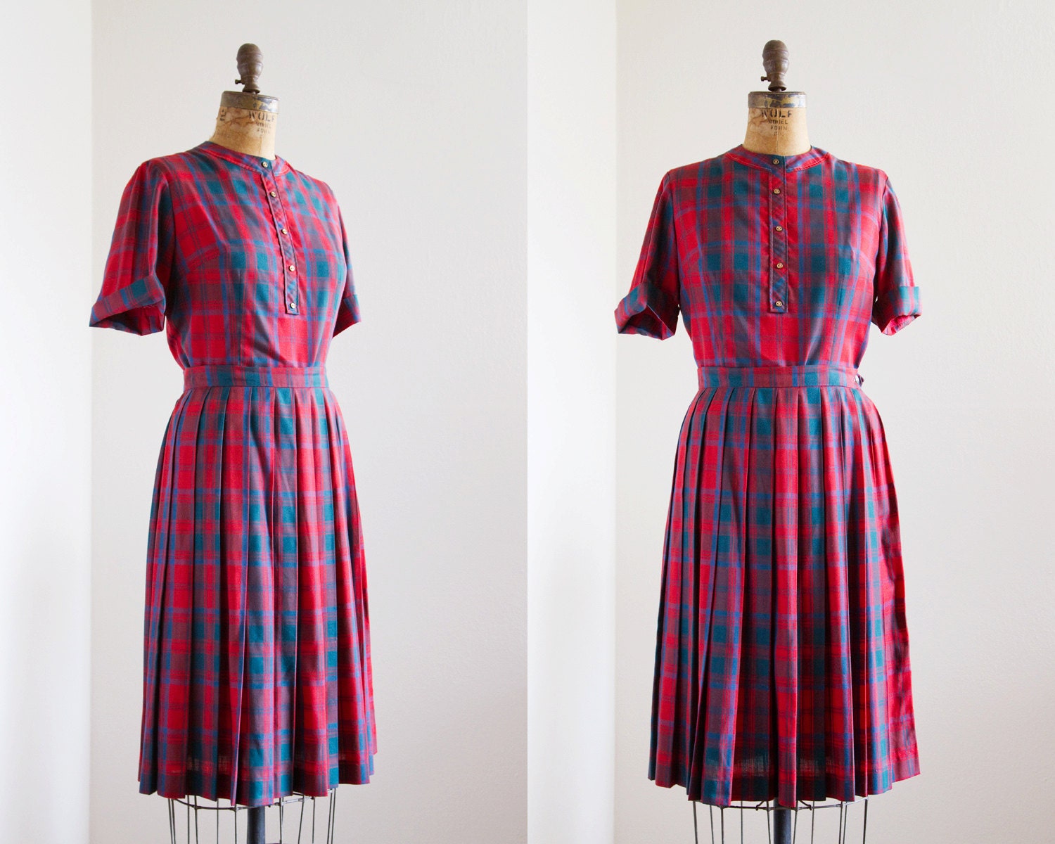 1950s Dress - 50s Top And Skirt - Red Plaid Top And Skirt Set