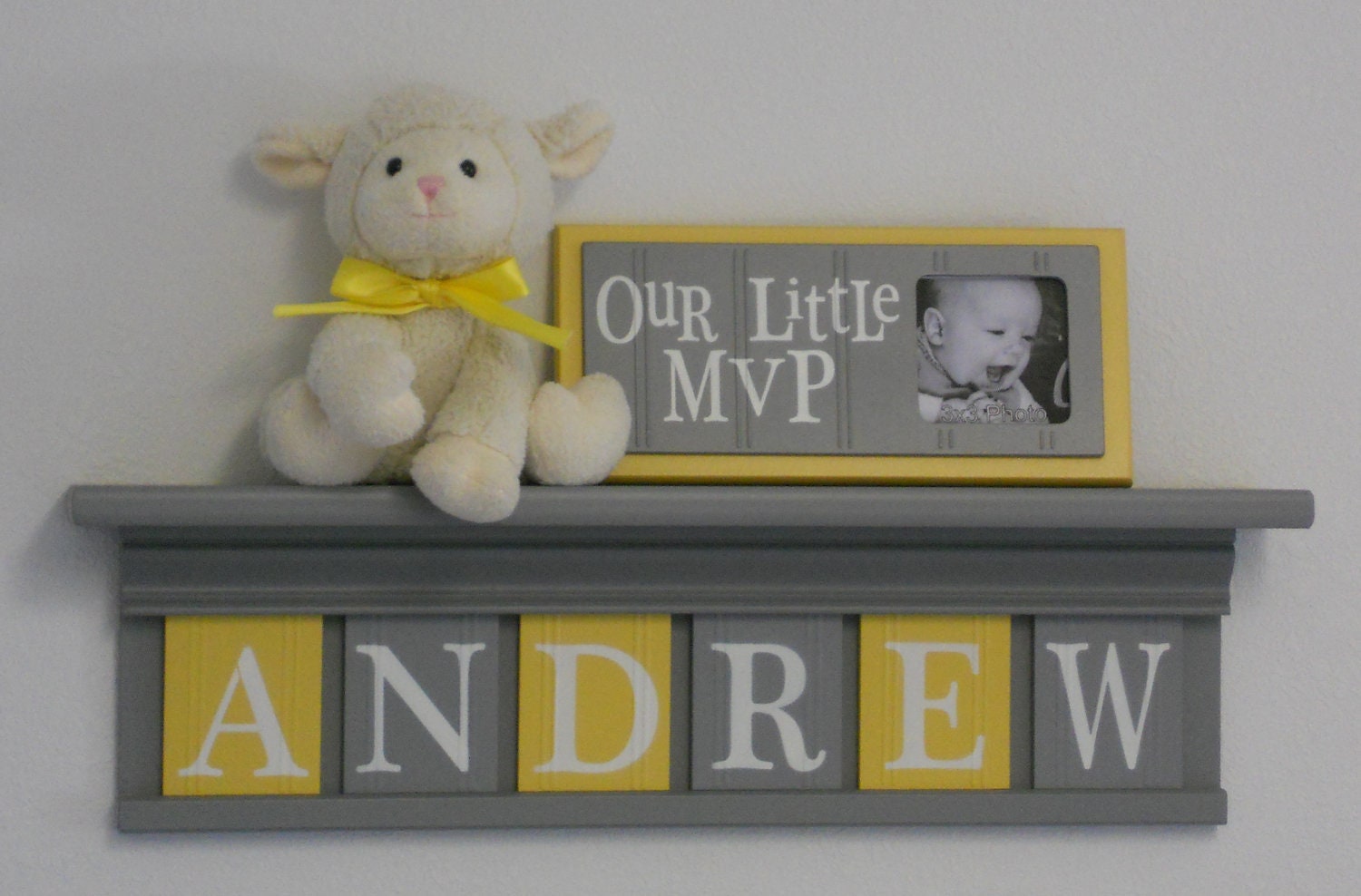Baby Boy Room Decoration Name Nursery Decor 24" Shelf Gray and 6 Wooden Wall Letters Yellow and Gray - ANDREW