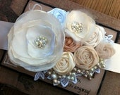 Cassie- Bridal Sash in Ivory Cream, Champagne, Nude, White,Yellows and Light Golds with beautiful pearl, crystals and rhinestone details